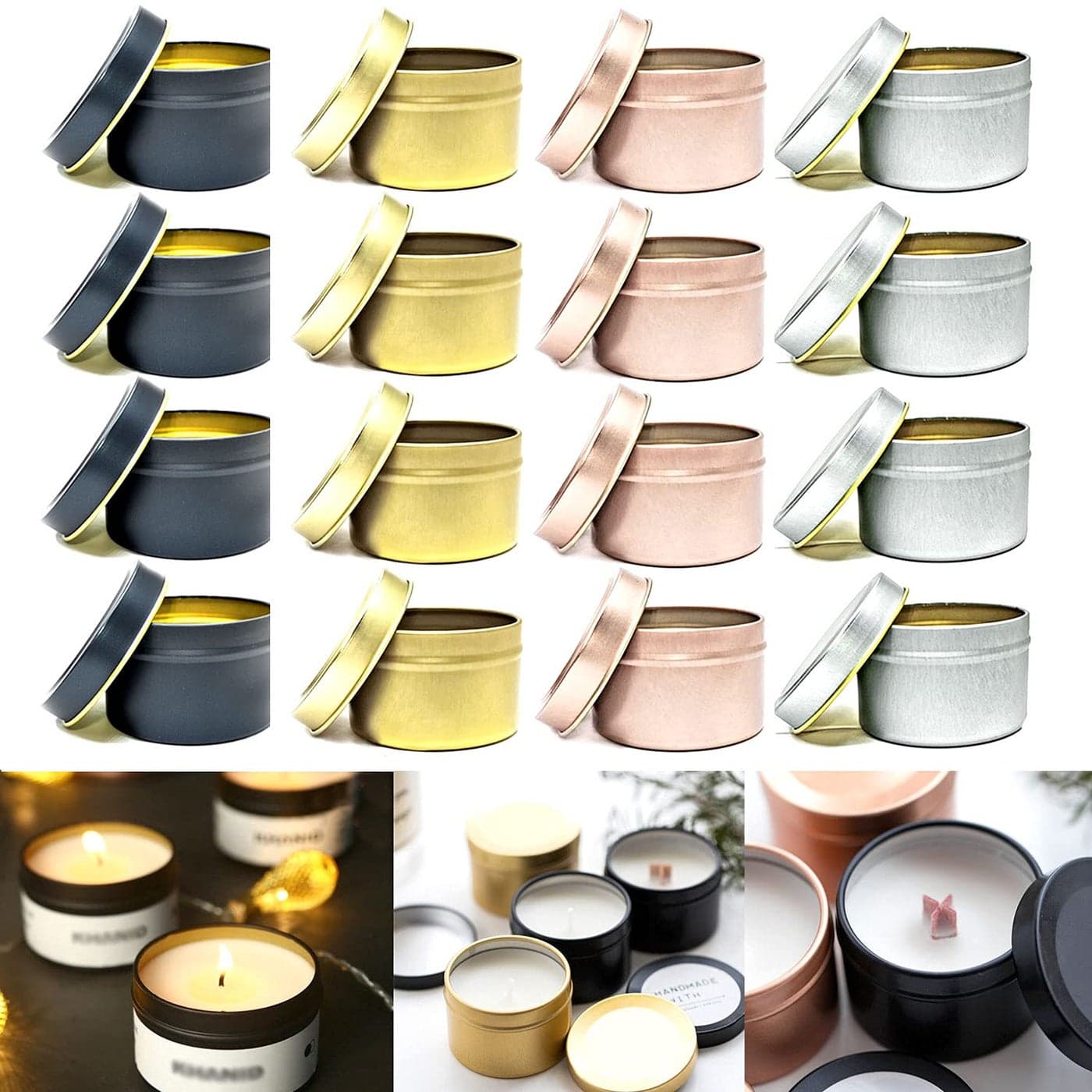 Unixing 16PCS 4oz Candle Tins for DIY Candle Making Metal Round Candle Containers for DIY Candle Making Arts Crafts Storage and Holiday Gifts Black Gold Rose Gold Silver Candle Tins