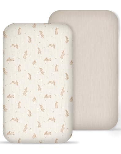 Muslin Bedside Bassinet Sheets 2 Pack, 33x20 Fitted Ultra Soft & Breathable Bedside Sleeper Sheets, Ideal for Baby Girl and Boy, Perfect for Newborns (Hopping Bunnies & Beige)