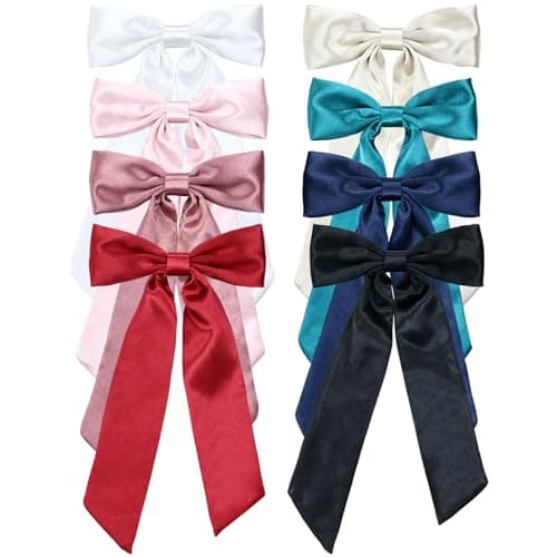 Lawie 8 Pack Pink Green Blue White Red Thin Chiffon Long Ribbon Hair Bow Clips Ribbons Hair Bows with Long Tail French Barrettes Thick Hair Ponytail Holder Coquette Accessories for Women Girl Adults