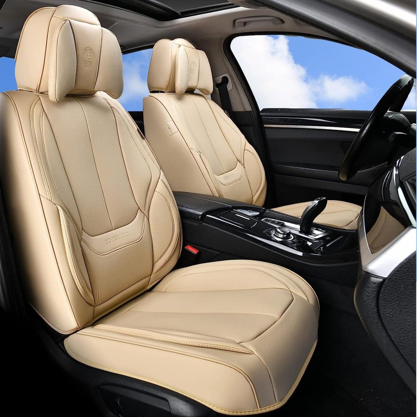 Coverado Universal Seat Covers Full Set 5 Seats Universal Seat Covers for Cars Waterproof NAPPA Leather Car Seat Covers with Head Pillow Auto Protectors Fit for Most Sedans SUV Pickup Truck Beige