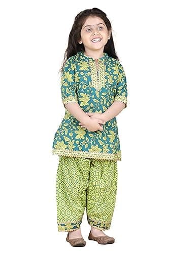 AJ DEZINES Kids Ethnic Wear Floral Printed Cotton Light Green Kurta Salwar Set for Girls (Twister-G-1058-GREEN-16)