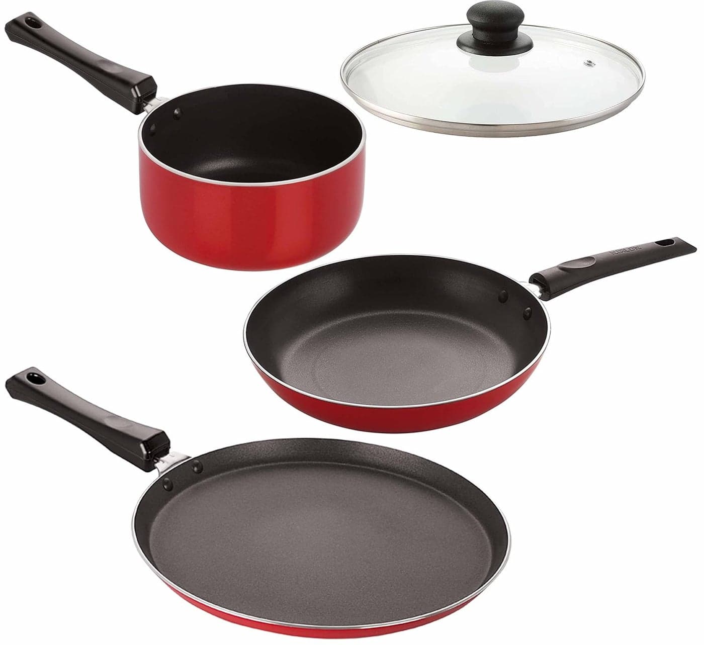 Nirlon Non-Stick Aluminium Cookware Set 4-Piece, Gas Stove Compatible (Flat Tawa|Tapper Pan|Sauce Pan (B)|1 Glass Lid)-32mm_FT12_TP22_SP(B)_1GLID