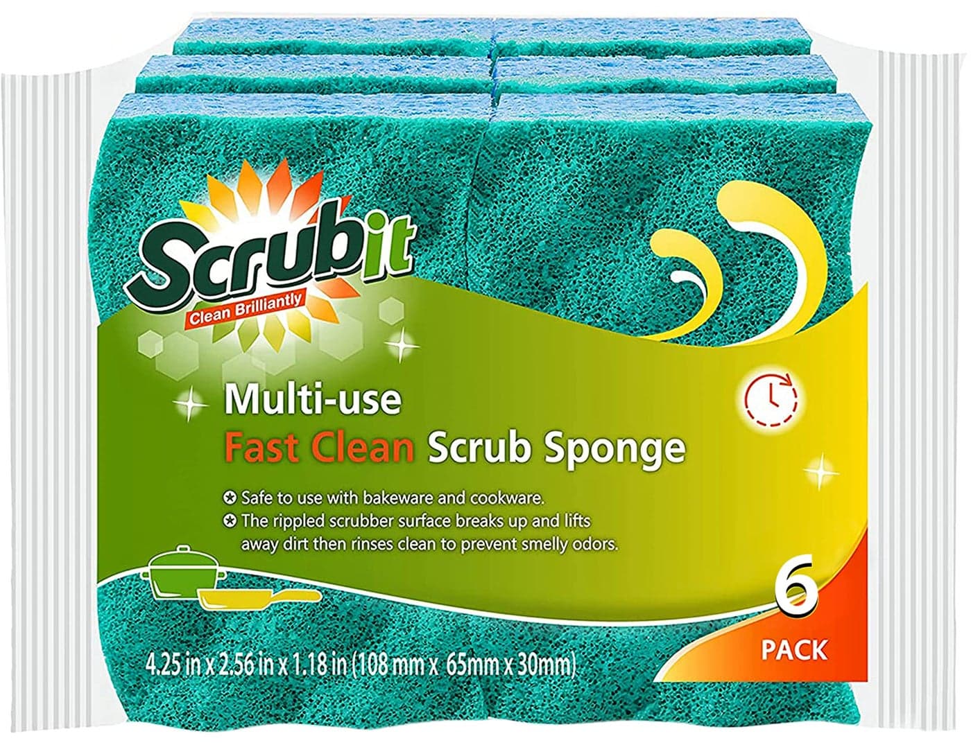 SCRUBIT MultiUse Scrub Sponge NonScratch Kitchen Sponges for Dishes Pots Pans Heavy Duty OdorFree Rippled Scrubbing Pad Designed for Tough Cleaning Jobs 6 Count