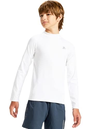 DEVOROPA Youth Boys Compression Thermal Shirts Long Sleeve Undershirt Fleece Baselayer Mock Top White L
