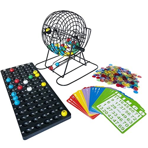 Yuanhe Jumbo Bingo Game Set 11 Inch Tall Metal Cage with Calling Board 78 Bingo Balls 500 Bingo Chips100 Bingo Cards for Large Group Games
