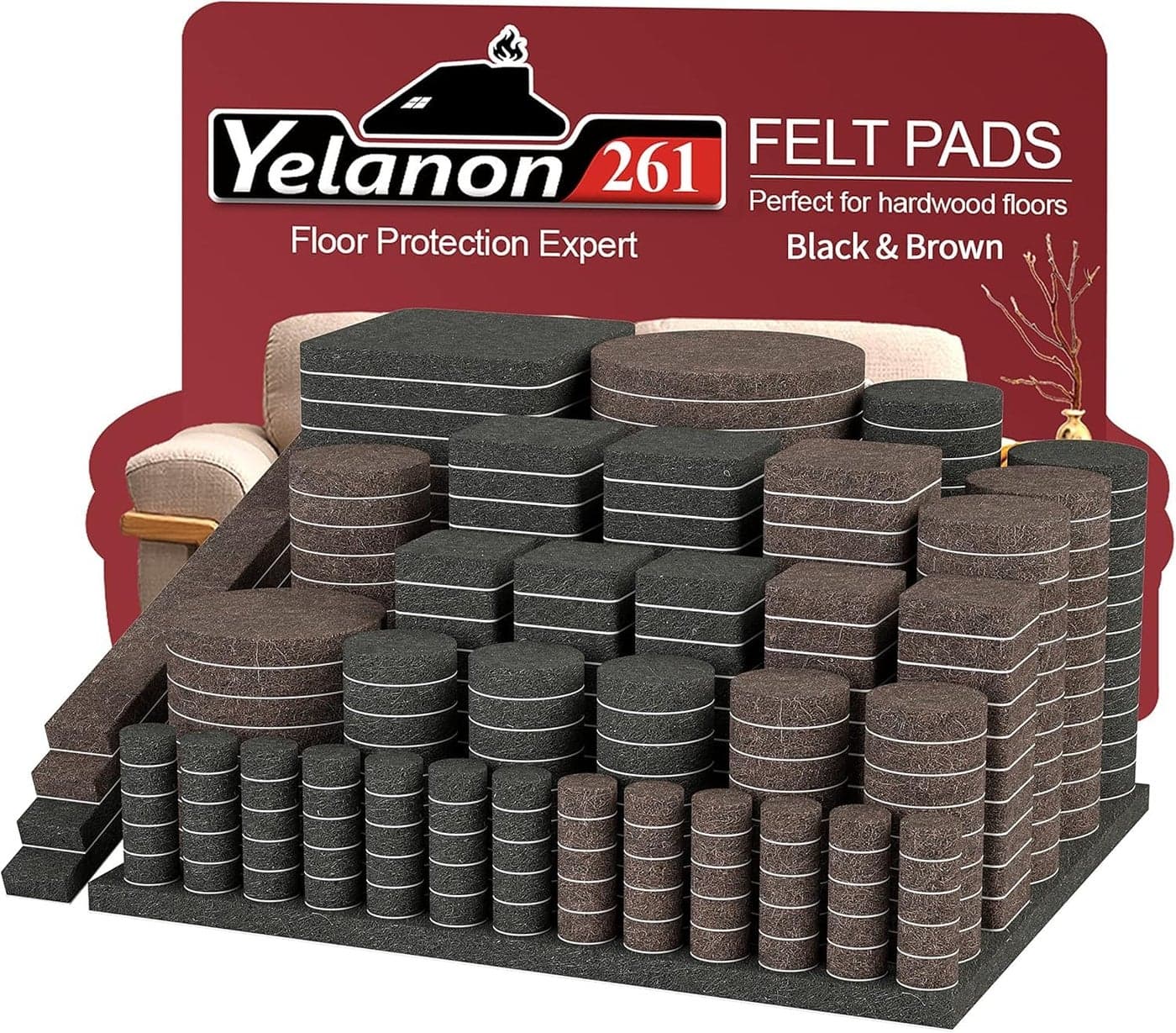 Yelanon Felt Furniture Pads for Hardwood Floors 261 Pcs Premium Floor Protectors for Furniture Felt Pads for Chair Legs Black Brown