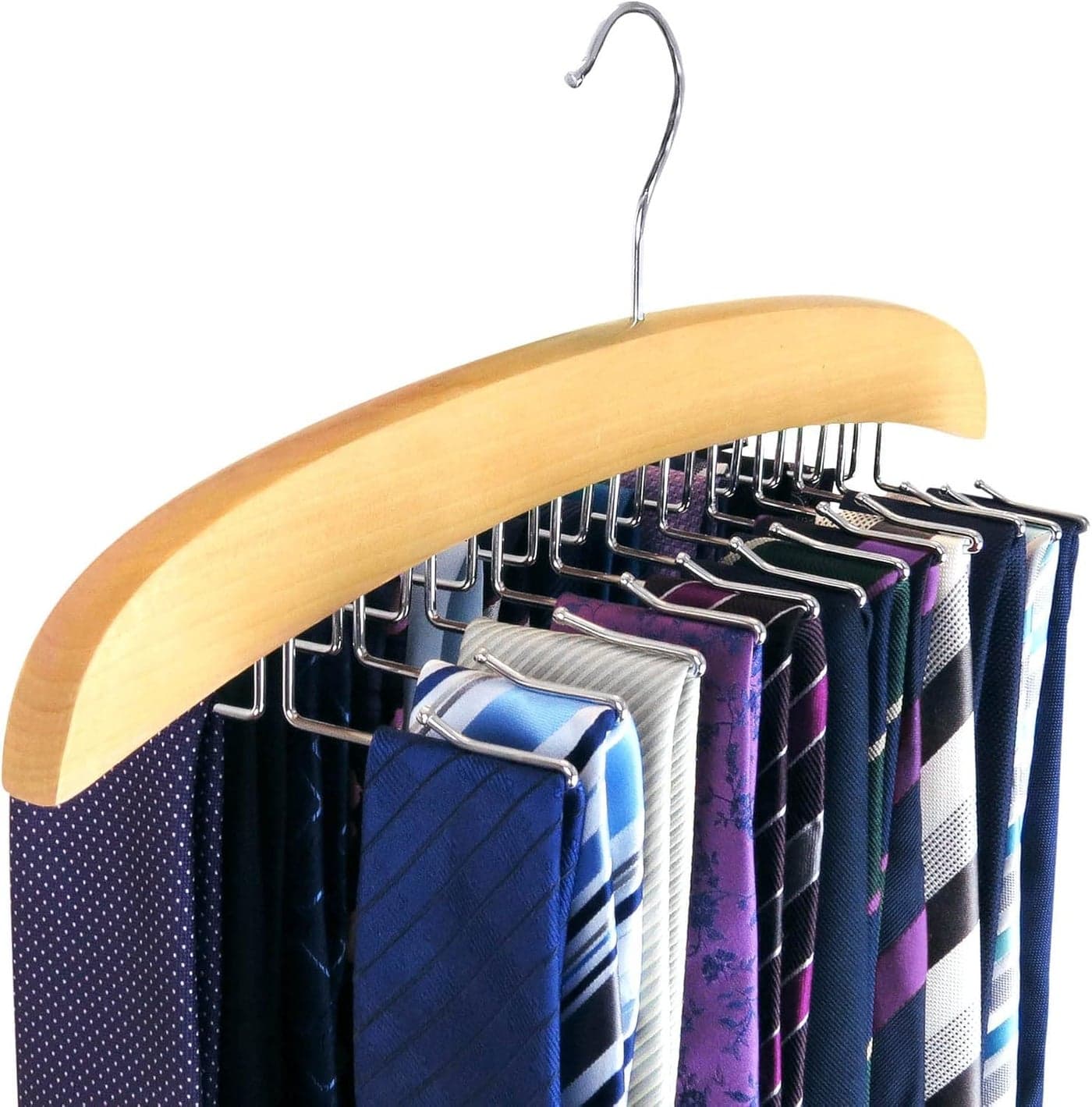 ROLLYWARE ® Wooden Belt and Tie Hanger for Closet, Premium Tie Hanger with 24 Folding Accessory Hooks Space Saving-Saving Organizer for Closet Tie Rack for Bra Hat Tank Tops (1, Natural Wood)