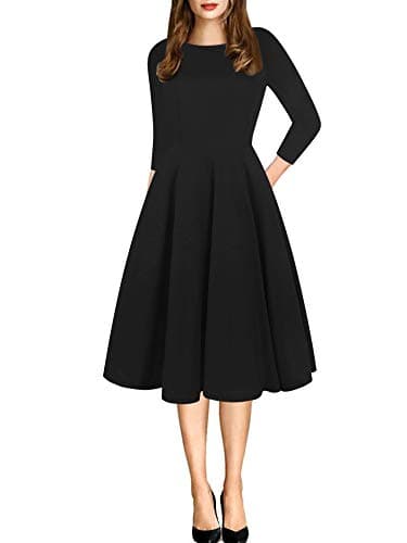 oxiuly Womens Vintage Patchwork Pockets Puffy Swing Casual Party Dress OX165 Black Solid7 m