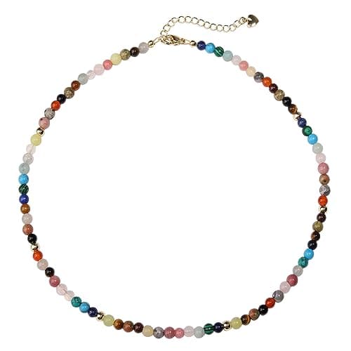 Miss Pink Colorful Beaded Necklace for Women, Natural Healing Stone Boho Bead Choker Necklaces Summer Beachy Necklace for Her 18k Gold Plated Y2k Necklaces Small Beads Jewelry Gift (B)