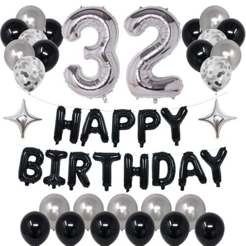 NANINUNENO 32nd Black Silver Birthday Party Decorations for Men Women Happy 32 Birthday Party Supplies with Black Happy Birthday Banner Silver Foil Stars Happy Birthday Balloons for 32nd Birthday