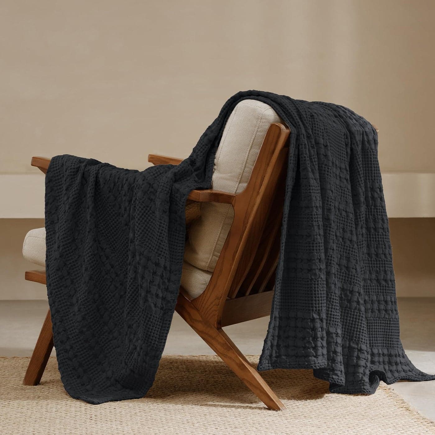 PHF 100 Cotton Waffle Weave Throw Blanket Soft Lightweight Breathable Cozy Throws for Couch Bed Sofa Luxury Aesthetic Woven Blanket for Home Decor Office 50x60 Black