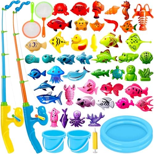 CozyBomB Magnetic Fishing Toys Game Set for Kids Water Table Bathtub Kiddie Pool Party Pole Rod Net Outdoor Plastic Floating Fish Toddler Bath Color Ocean Sea Animals Birthday Gift Age 35 6 48