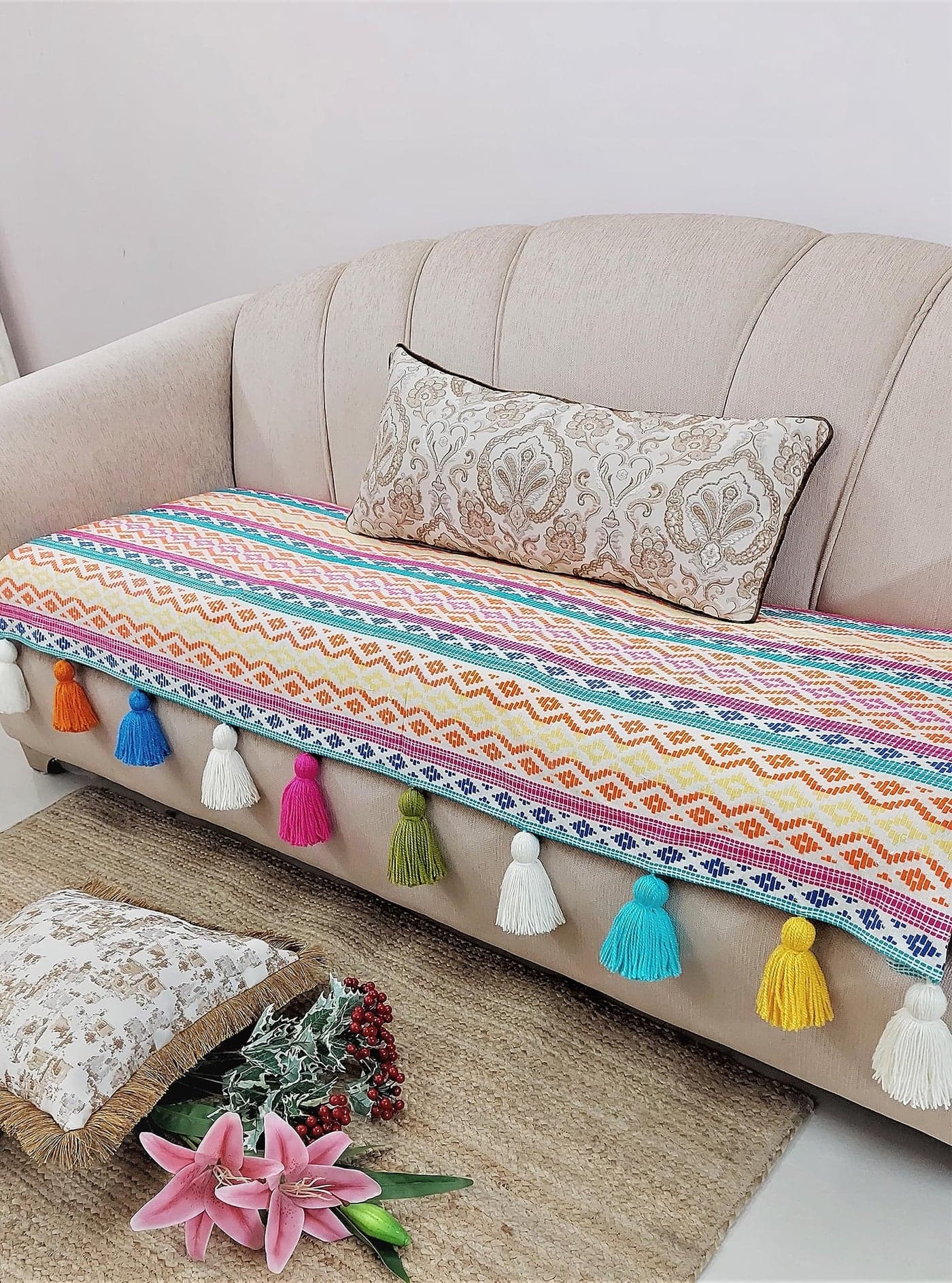 Rainbow Aztech Tassel Sofa Cover:Sofacover:Thick Fabric,Durable,AntiSlip,Scratch Resistant:Seat & Front Back Protection -Set of 3 Seat Covers & Single Back Cover- L Shape (2 Seater +Lounger +Ottoman)