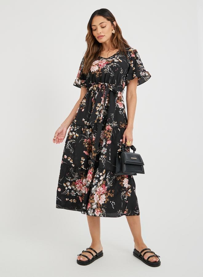 Take Two Women Black Floral Print Ruffle Trim A-Line Midi Dress with Tie Waist