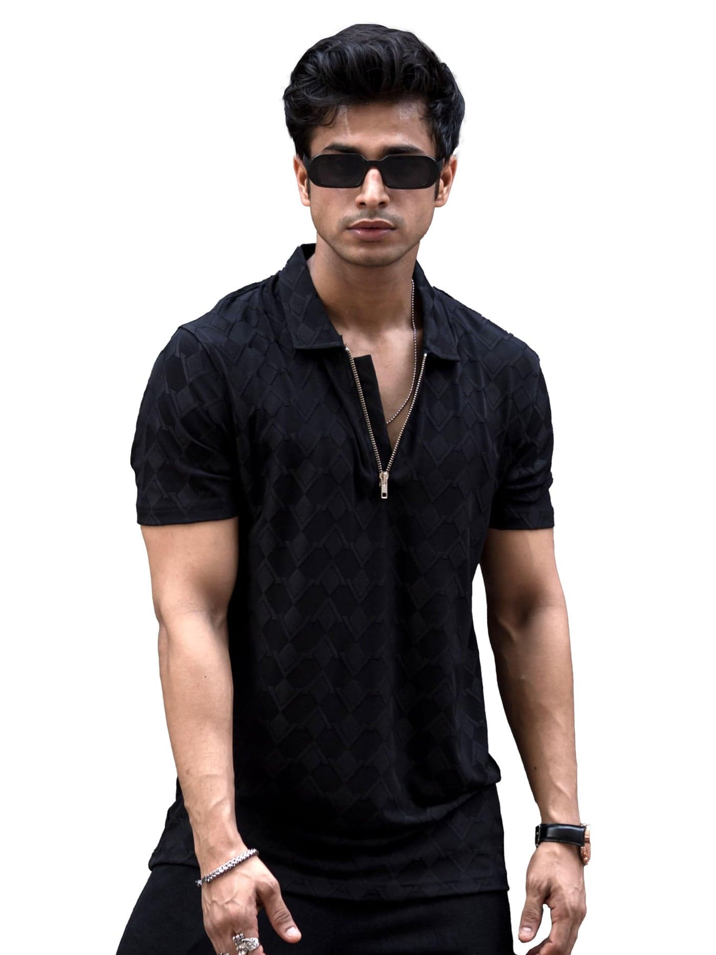 Maniac Mens Textured Polo Neck Half Sleeve Black Half Zipper Cotton Lycra Blend T-Shirt