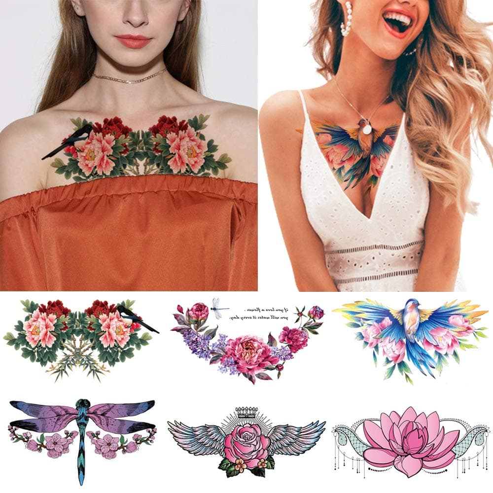 Glaryyears Watercolor Temporary Tattoos for Women Girls Adults Sexy Fake Long Lasting Tattoo Stickers that look real 6 Pack Large Bird Flower Dragonfly Tramp Stamp on Body Chest Underboob Waist