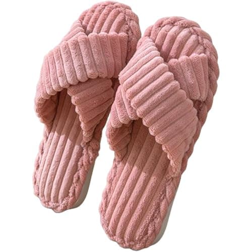 SILENCIO Slippers for Women House Bedroom Furry Cross Bands Slide Shoes Anti-Skid Sole Open Toe Slippers Indoor & Outdoor (Pink, UK Footwear Size System, Adult, Women, Numeric Range, Medium, 7, 8)