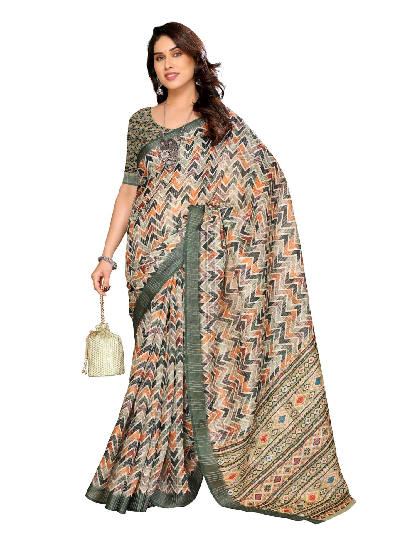 Sidhidata Women's Cotton Linen Blend Checks Digital Printed Saree With Unstitched Blouse Piece (LC ZigZag Green_Green_Free Size)