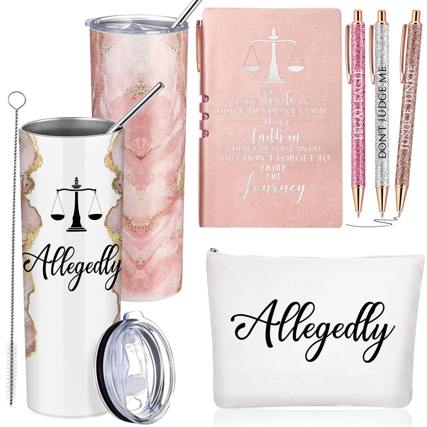 Domensi 6 Pcs Funny Allegedly Lawyer Gifts Judge Gift Back to School Gift for Students 20 oz Marble Sign Tumbler Makeup Bag Notepad Ballpoints for Law Paralegal School College TeacherPink