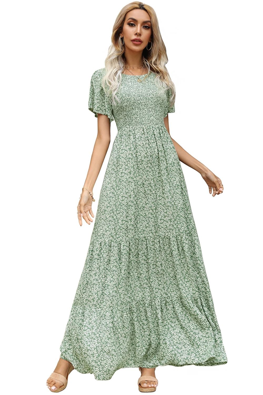 Kranda Summer Flutter Short Sleeve Crew Neck Spring Ruffle Tiered Smocked Green Floral Beach Maxi Dresses for Women 2025Large