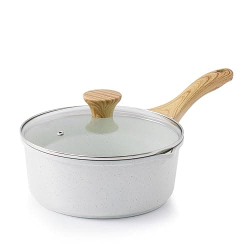 SENSARTE White Ceramic Nonstick Saucepan with Double Spout 3.0 Quarts, Cooking Pot with Stay Cool Handle, Induction Compatible Saucepot, White Granite Coating, Free of Intentionally Added PFOA/PFAS