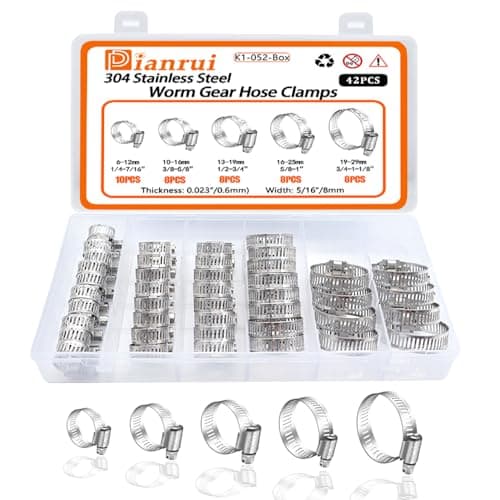 Dianrui 42 PCS Hose Clamps Assortment Kit 1/4"–1-1/8" (6-29mm) Hose Clamps Stainless Steel 304 Worm Gear Fuel Line Hose Clamp for pipe, Fuel Line, Plumbing, Intercooler, Tube, Automotive and Marine
