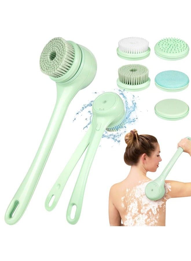 Electric Body Brush Back Scrubber For Shower, Auto Spinning Exfoliating Massage Bath Rechargeable, Dual Long Handle, Deep Cleansing, Waterproof, Rotating Brushes With 5 Heads