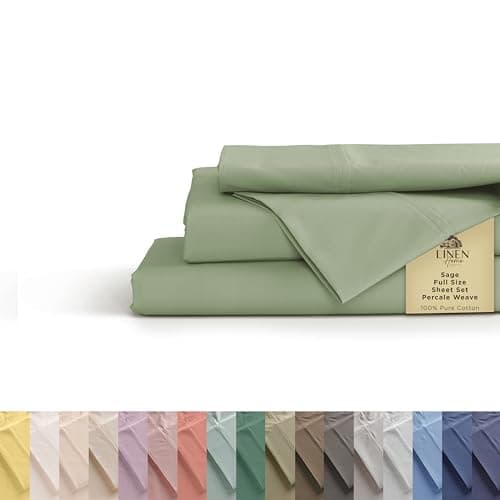 Linen Home 100 Cotton Percale Sheets Full Size Sage Deep Pocket 4 Pieces Set 1 Flat 1 Deep Pocket Fitted Sheet and 2 Pillowcases Crisp Cool and Strong Bed Linen
