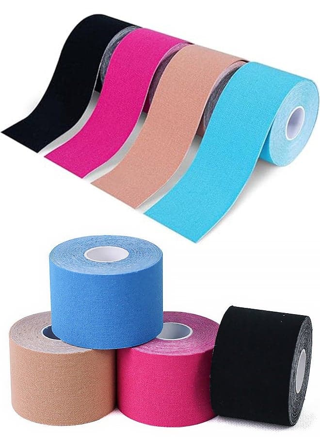 4 Rolls Waterproof Breathable Kinesiology Tape, Athletic Elastic Kneepad Muscle Pain Relief Knee Taping for Gym Fitness Running Tennis Swimming Football (Black, Skin, Pink, Light Blue)
