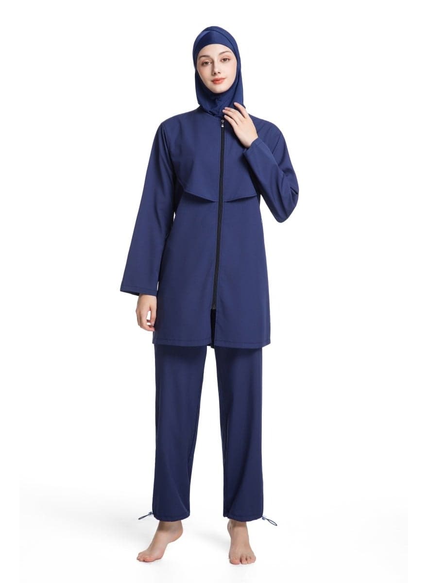 3-Piece Muslim Women's Conservative Swimwear Set Summer Casual Comfortable UV Protection Long Sleeve Zip-Up Swimsuit Lightweight Beach Attire