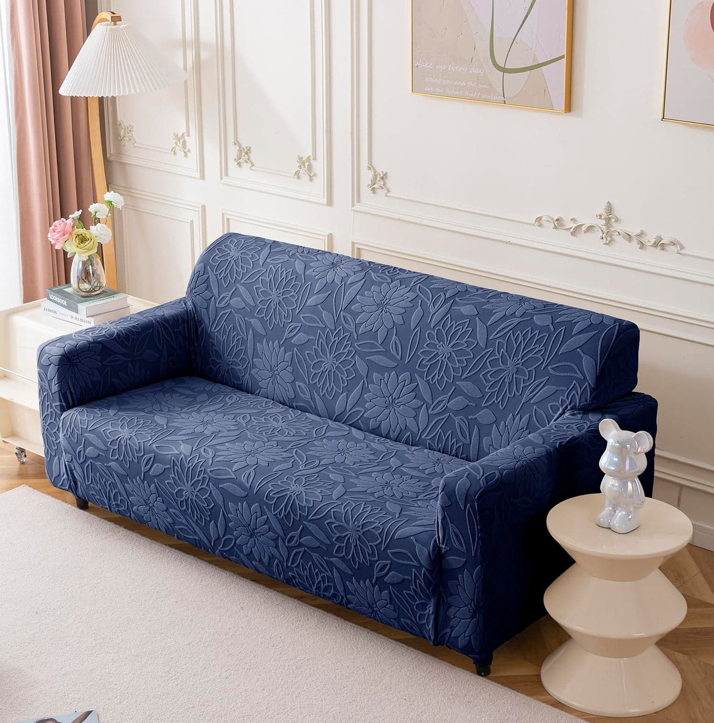 House of Quirk Universal Jacquard Waterproof Camellia Fabric Sofa Cover Soft Touching Cover for Couch Flexible Stretch Sofa Slipcover (Four Seater, Dark Blue)
