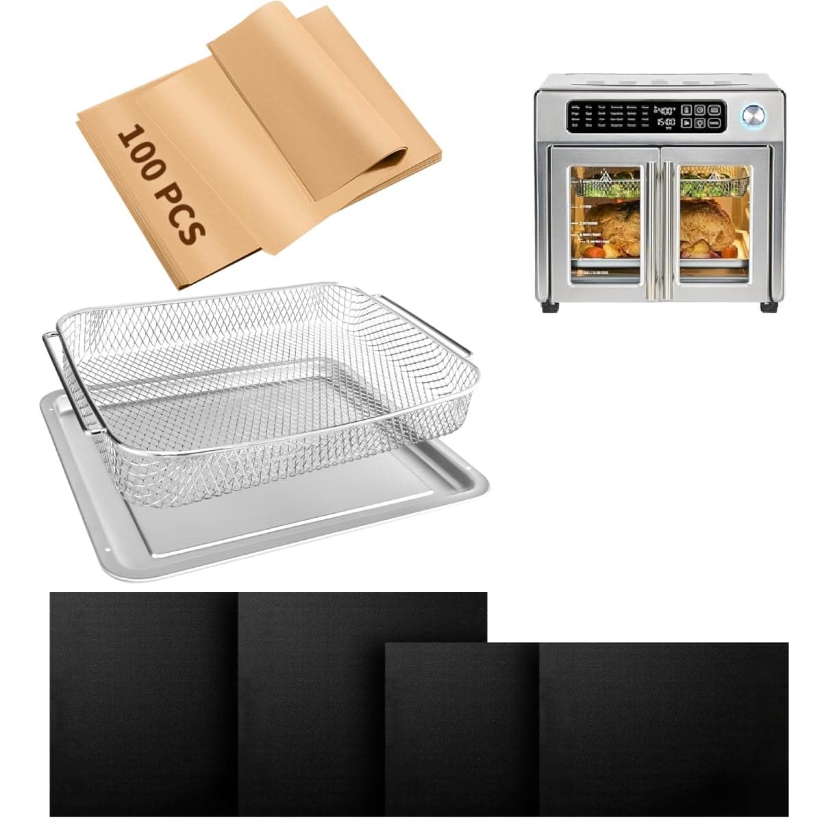 Air Fryer Accessories Compatible with Emeril Lagasse 26 Qt Extra Large Baking Pans Set with Stainless Steel Baking Sheet Basket Parchment Paper Teflon Mat for Oven