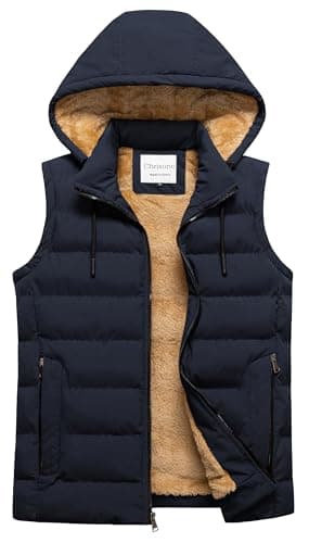 Chrisuno Winter Puffer Vest For Men Men's Quilted Padded Casual Warm Zip Up Sleeveless Jacket Outerwear with Removable Hood Navy L