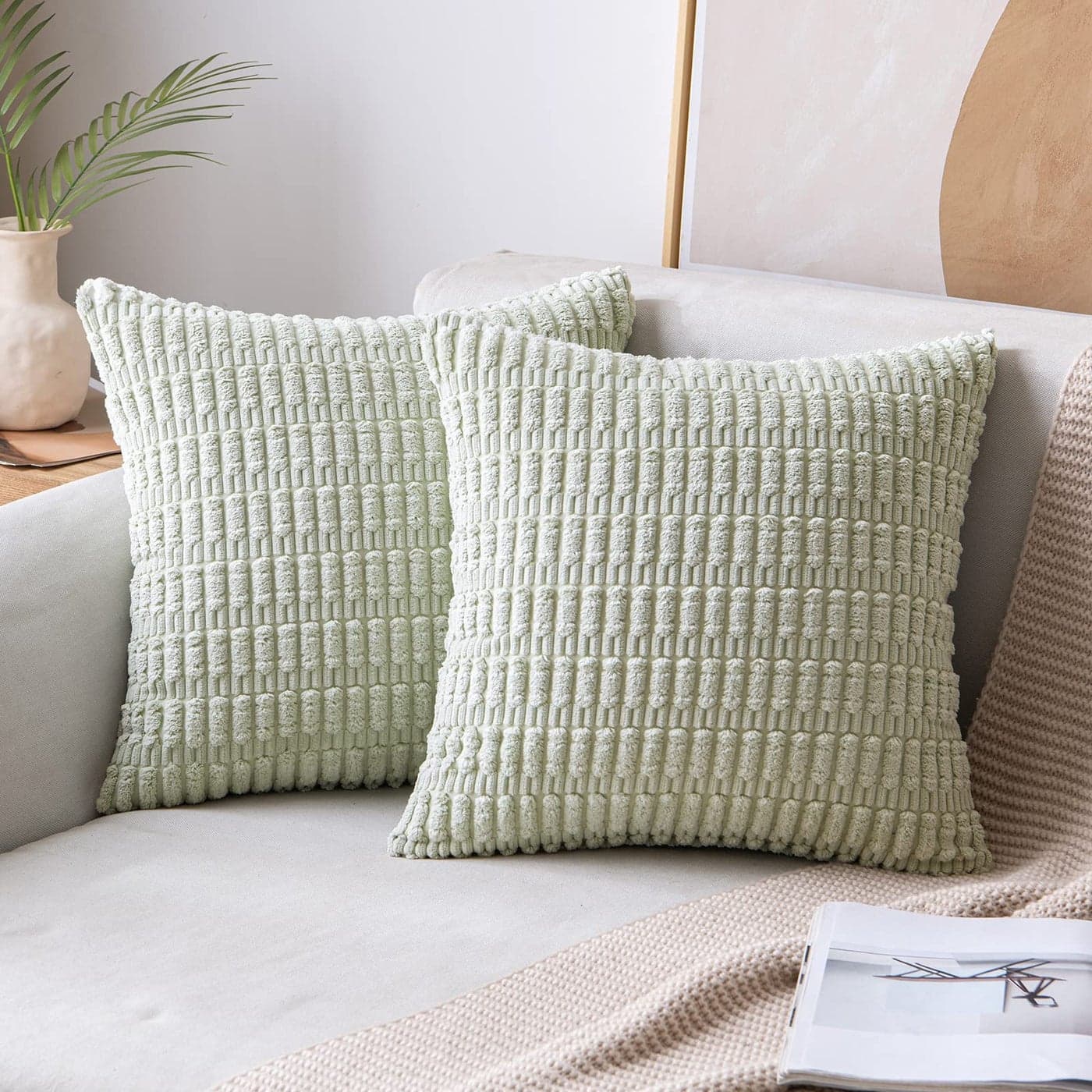 MIULEE Pack of 2 Corduroy Decorative Throw Pillow Covers 18x18 Inch Soft Boho Striped Pillow Covers Modern Farmhouse Home Decor for Summer Sofa Living Room Couch Bed Light Green