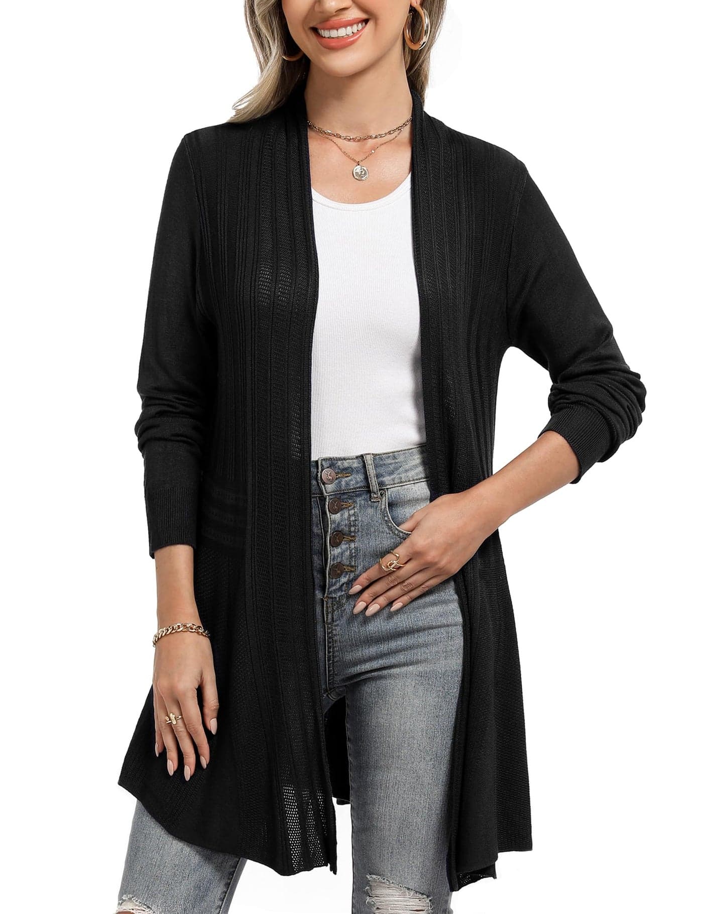 iClosam Women Spring Open Front Cardigans Long Sleeve Lightweight Crochet Knit Cardigan Sweater Black