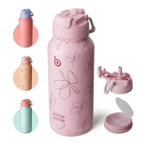 BOTTLE BOTTLE 32 oz Insulated Water Bottle Stainless Steel Sport Water Bottle with Straw Dual-use Lid Design for Gym with Pill Box (pink flower)