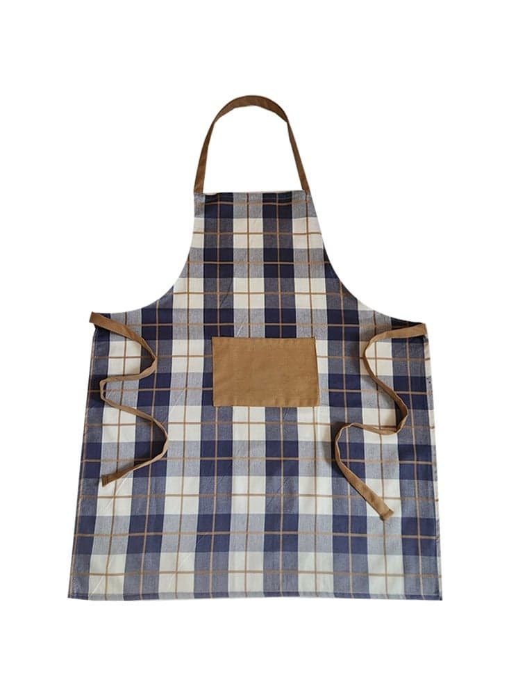 Orchard Kitchen Apron Navy Checks (Blue & Caramel)