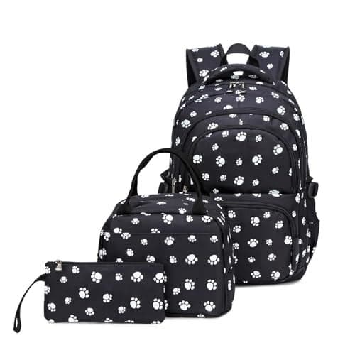 goldwheat 3Pcs Dog Paw Printed Backpack Set With Lunch-Bag For Girls Elementary Students Bookbag School-bag
