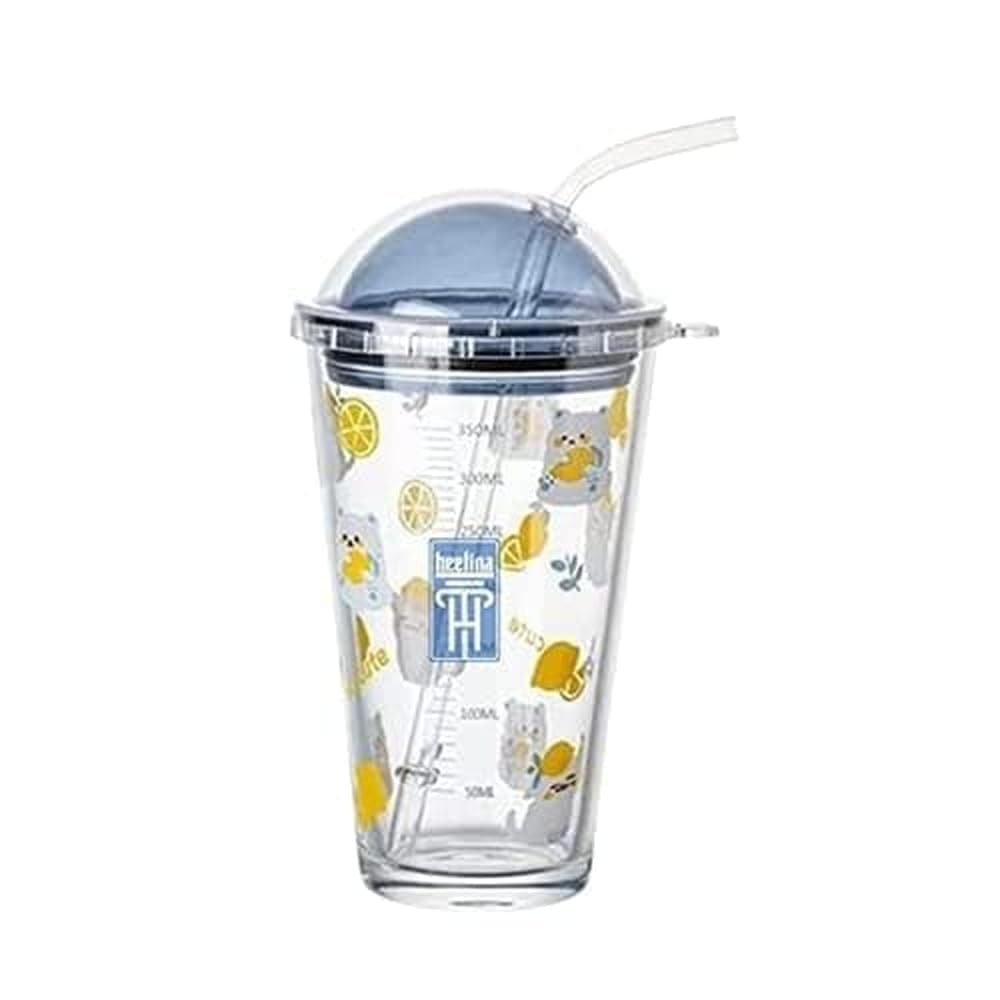 AIRA Glass Tumbler Set of 1 Cute Glass Tumbler with Plastic Lid and Straw 470 ml Sipper Bottles for Juice Smoothies Milkshakes and Cold and Hot Beverages Multicolor
