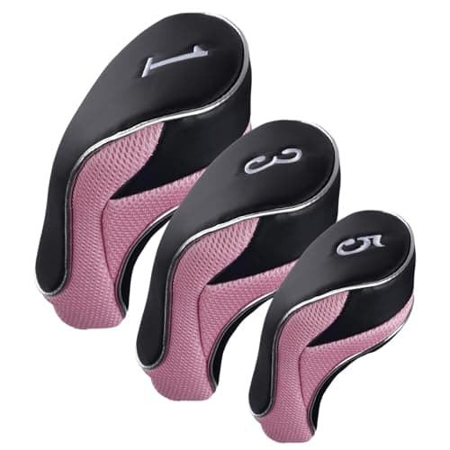 Andux Golf Club Driver Wood Head Covers with Hook & Loop Set of 3 Black/Pink