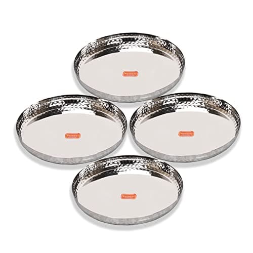Sumeet Stainless Steel Handcrafted Hammered Texture Heavy Gauge Mirror Finish Royal Dinner Plate set of 4 Pieces, 29.5cm Dia
