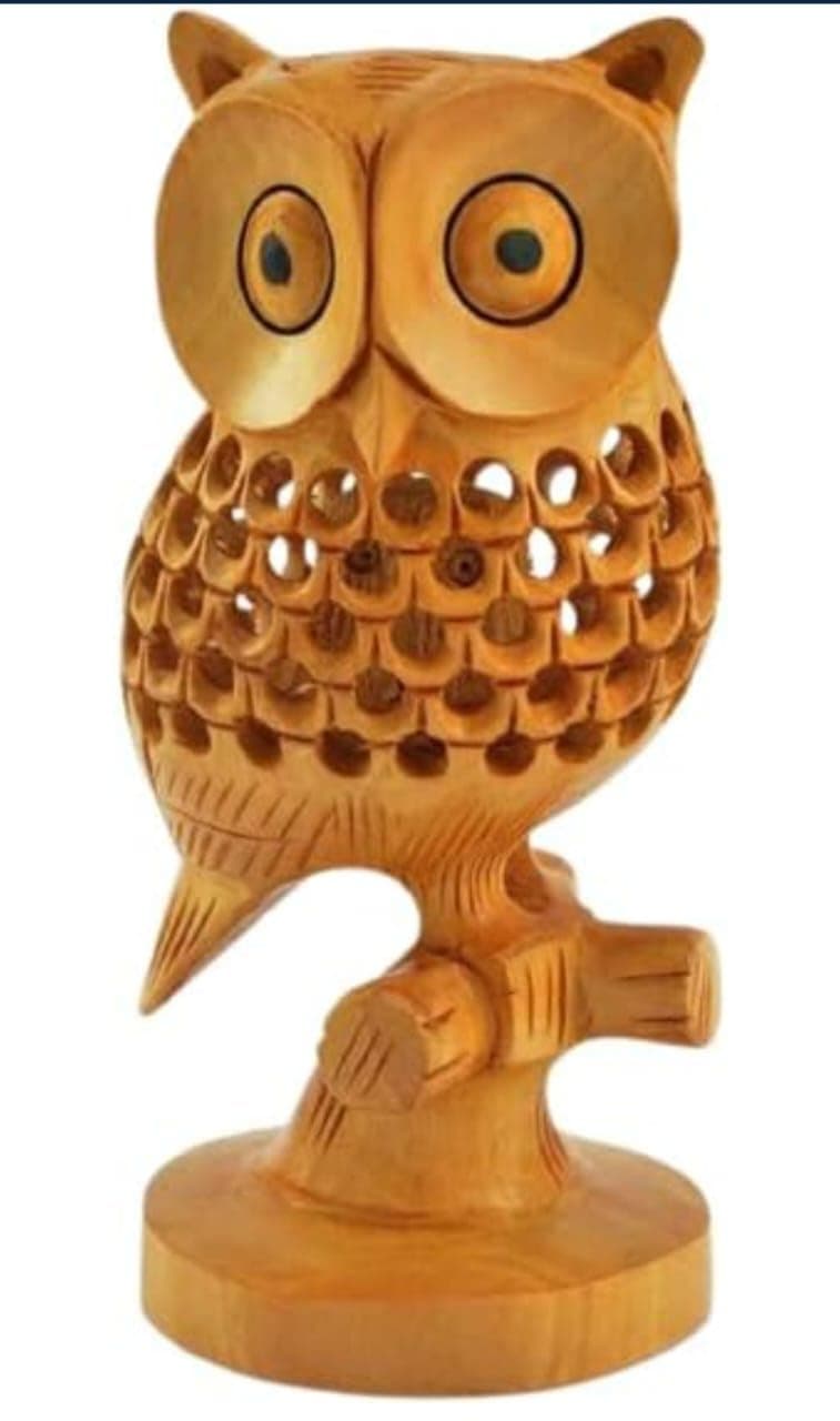 Decorative Wooden Owl Figurine Hand Carved Golden Brown3D Design Handicrafts Statue for Home Good Luck VastuShowpiece for Living Room Bedroom OfficeFigurine ideol Gift Item Size 3inches25