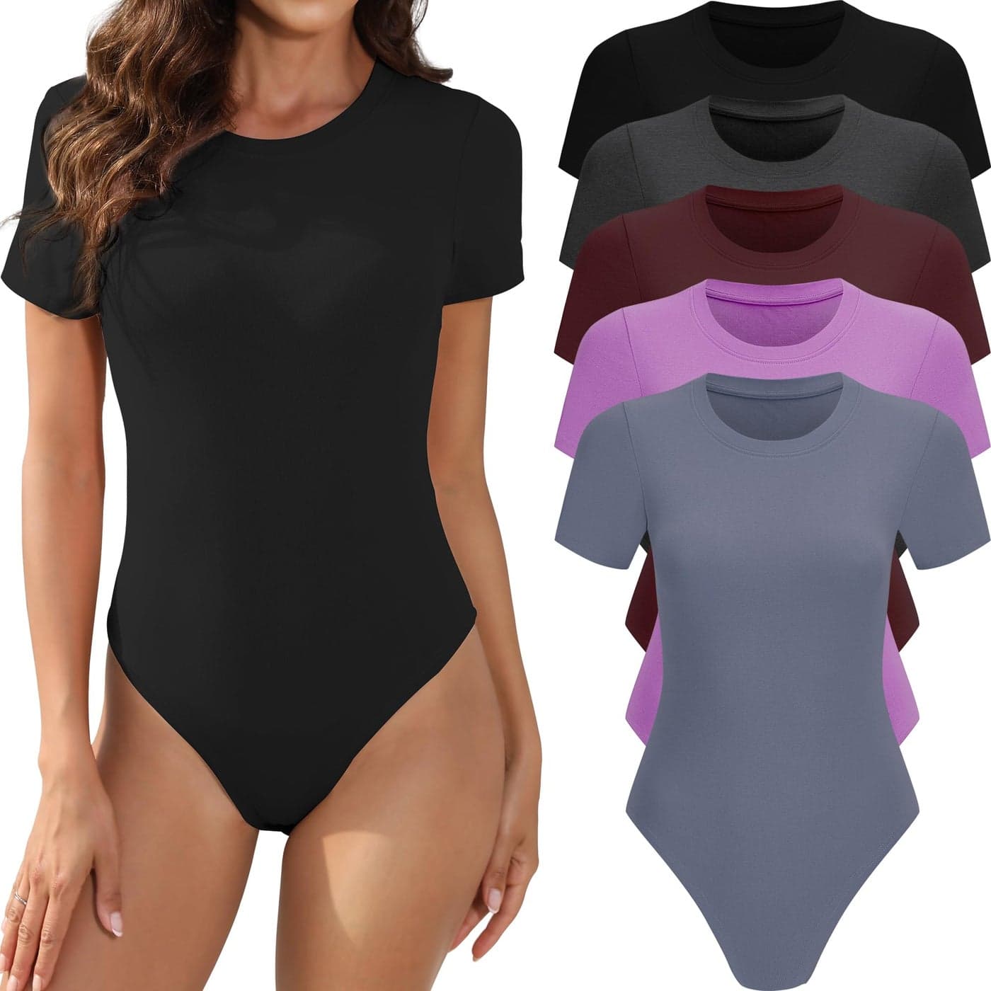 MLYENX 5 Pack Body Suits for Womens Short Sleeve Round Neck Casual Stretchy Basic T Shirt Bodysuit Tops M