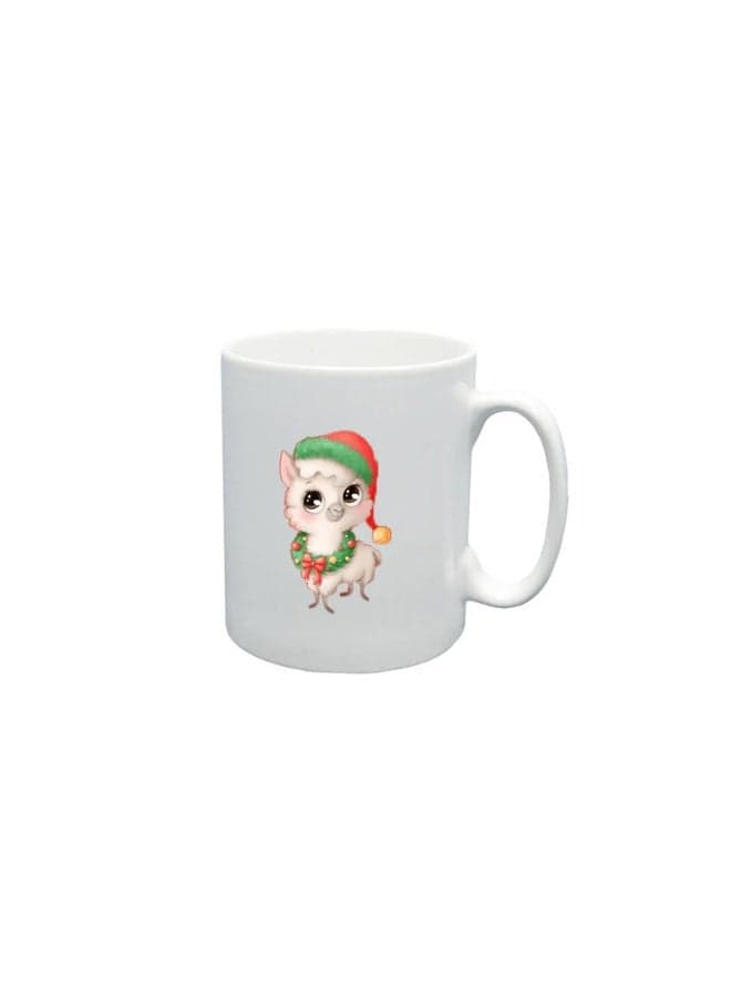 BYFT White Printed Mug 100 % Ceramic Set of 1 (300 Ml, Llama with Christmas Cap)