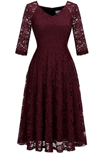 Dressystar Long-Sleeve A-Line Lace Bridesmaid Dress Midi for Wedding Formal Party L Burgundy
