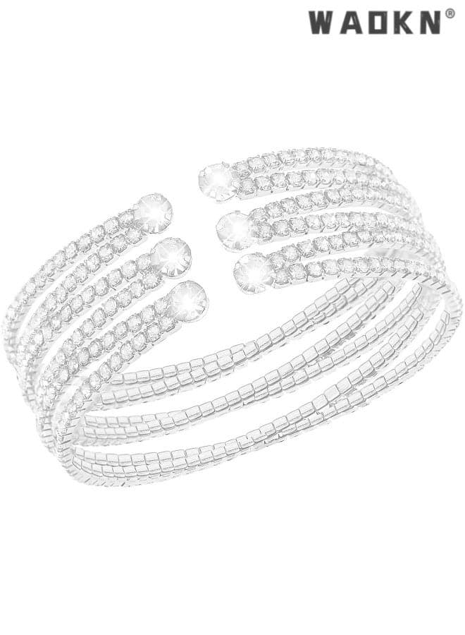 Rhinestone Bracelet Multilayer silver Cuff Bracelet for Women Crystal Braidal Bracelets, Six rows of irregular personalized bracelets , Steel wire elastic bracelet , suitable for shopping ,dating , silver .