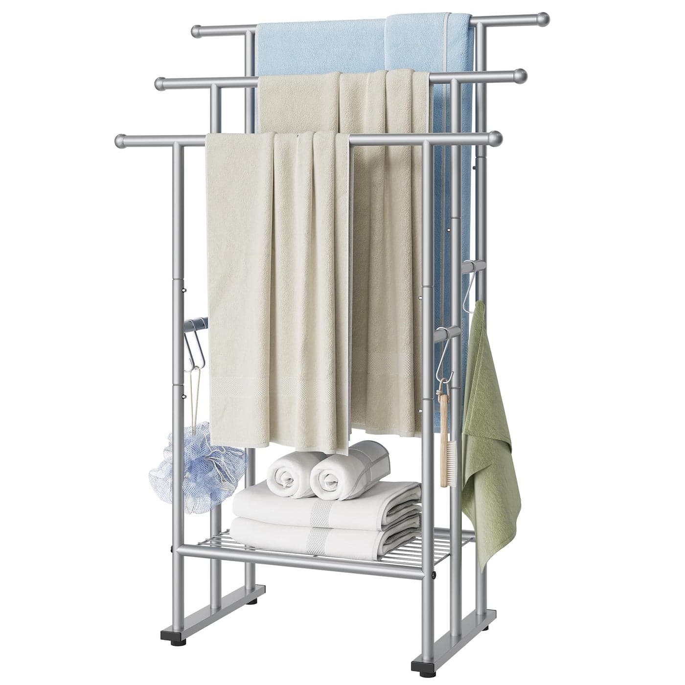ELYKEN 3 Tier Standing Towel Rack 40 Tall Towel Drying Rack Outdoor Freestanding Floor Towel Rack with Shelf Pool Towel Blanket Stand Metal Towel Racks for Bathroom freestanding Smooth Silver