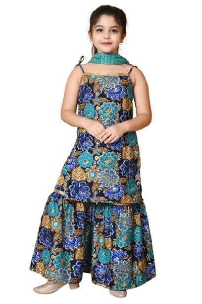 SPAMitude - Girls' Floral Printed Kurta Sharara Set | Ethnic Dress with Dupatta | Festive Traditional Outfit Boat Neck Fashion Sleeves (in, Age, 12 Years, 13 Years, Blue)