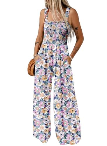 Dokotoo Womens Casual Loose Overalls One Piece Sleeveless Jumpsuits for Women Stretchy Wide Leg Long Pant Rompers Jumpsuit with Pockets Printed 2025 Fashion Small Purple