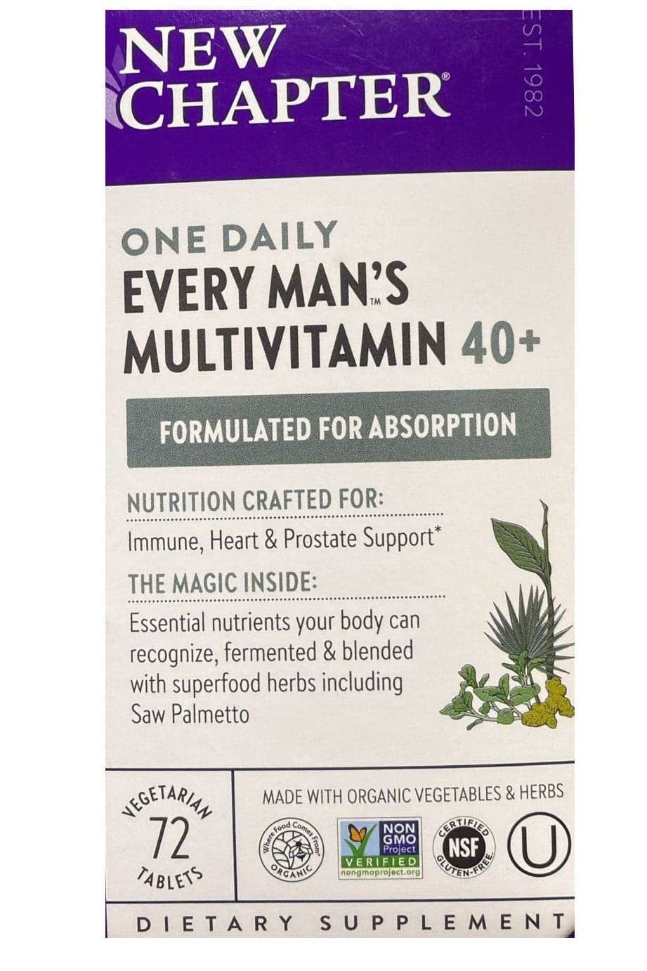 Men's Multivitamin 40 Plus for Energy, Heart, Prostate + Immune Support with Fermented Nutrients - Every Man's One Daily 40+, Made with Organic Vegetables & Herbs, Non-GMO - 72 ct